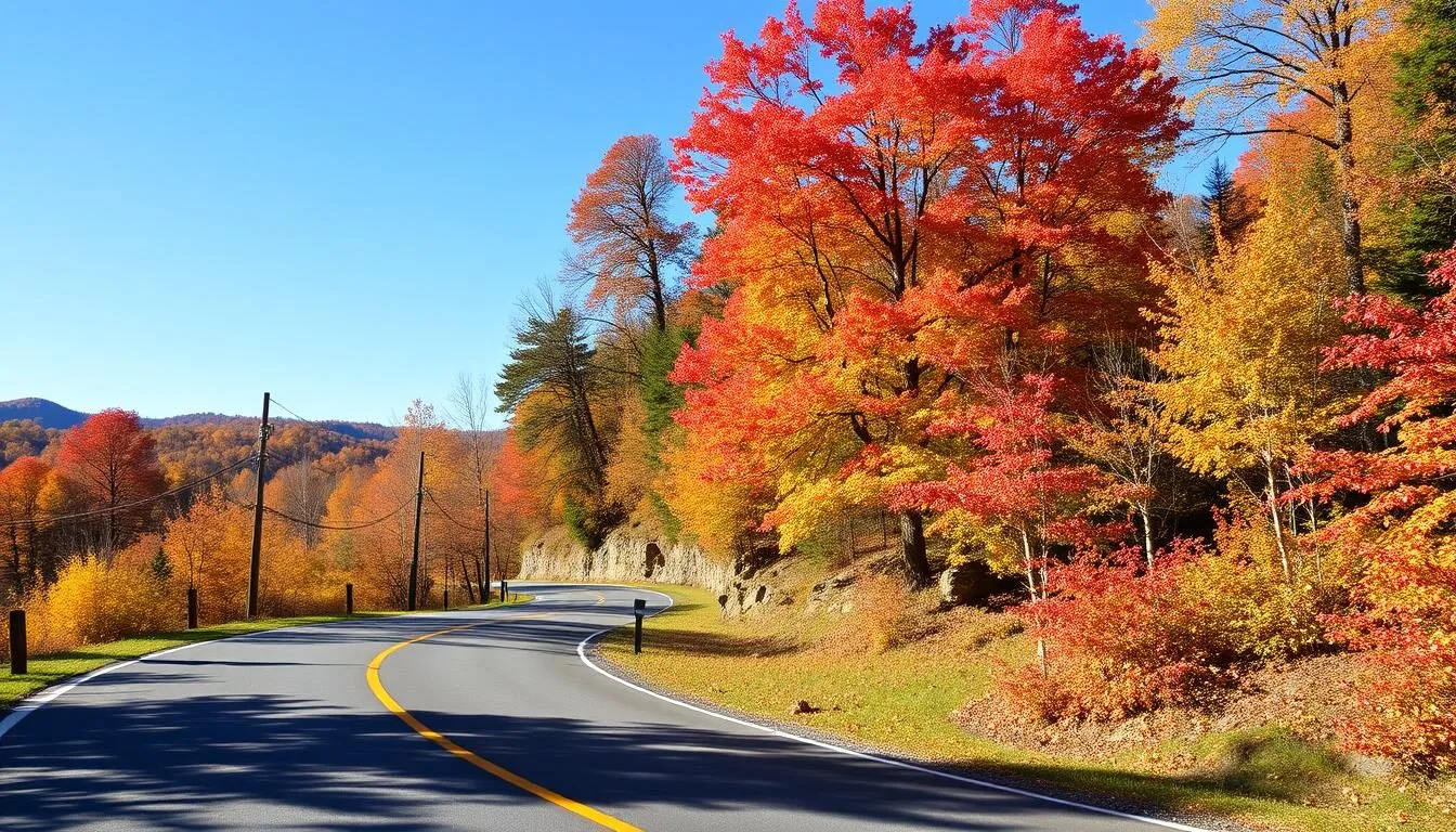 Scenic autumn view of the winding road leading to Worlds End State Park with colorful fall foliage
