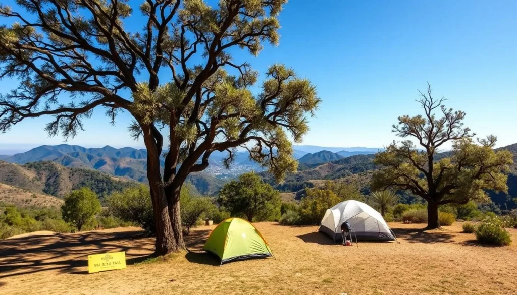 Scenic campsite at Malibu Creek State Park surrounded by mountains