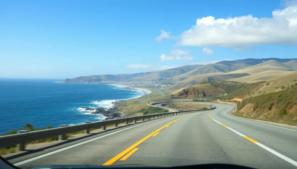 Scenic coastal highway approaching Morro Bay with ocean views and mountains in the distance