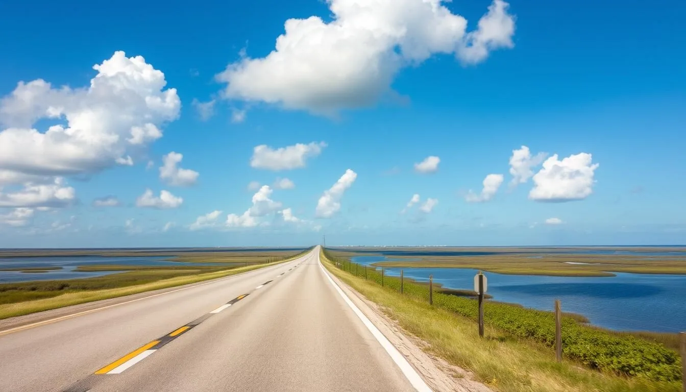 Scenic-coastal-highway-leading-to-Grand-Isle-State-Park-with-marshlands-visible-on-both-sides Scenic coastal highway leading to Grand Isle State Park with marshlands visible on both sides