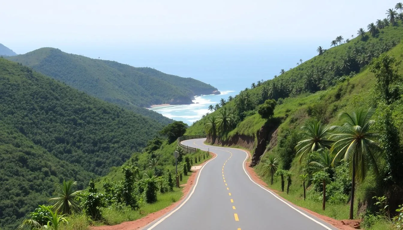 Scenic-coastal-road-leading-to-Gokarna-with-lush-green-hills-and-glimpses-of-the-Arabian-Sea Scenic coastal road leading to Gokarna with lush green hills and glimpses of the Arabian Sea