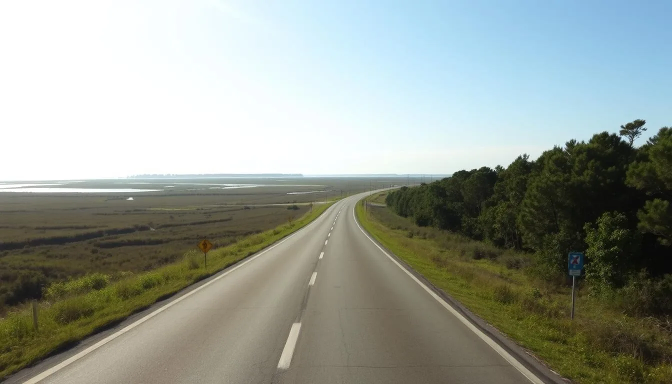 Scenic-coastal-road-leading-to-Holly-Beach-Louisiana-with-marshlands-and-water-views Scenic coastal road leading to Holly Beach, Louisiana with marshlands and water views