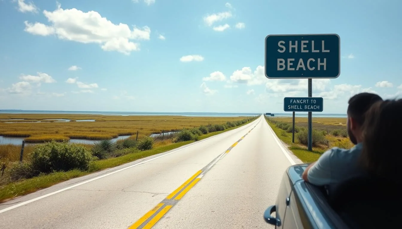 Scenic coastal road leading to Shell Beach in St. Bernard Parish, Louisiana with marshlands visible in the background