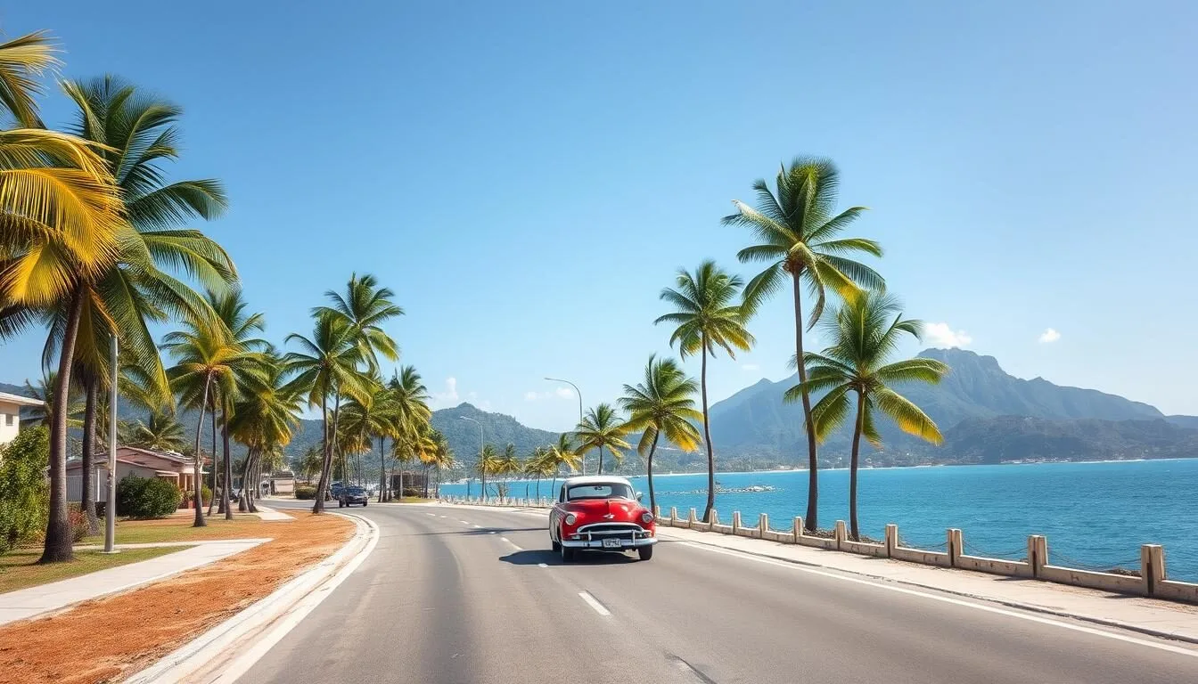 Scenic coastal road leading to Yaguajay, Cuba with palm trees and classic cars