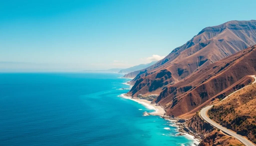 Scenic coastal view of Santa Monica Mountains meeting the Pacific Ocean