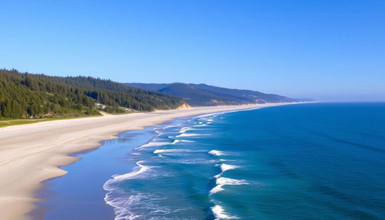 Scenic-coastal-view-of-Tolowa-Dunes-State-Park-showing-sandy-beaches-and-forested-areas-in-the- Scenic coastal view of Tolowa Dunes State Park showing sandy beaches and forested areas in the background