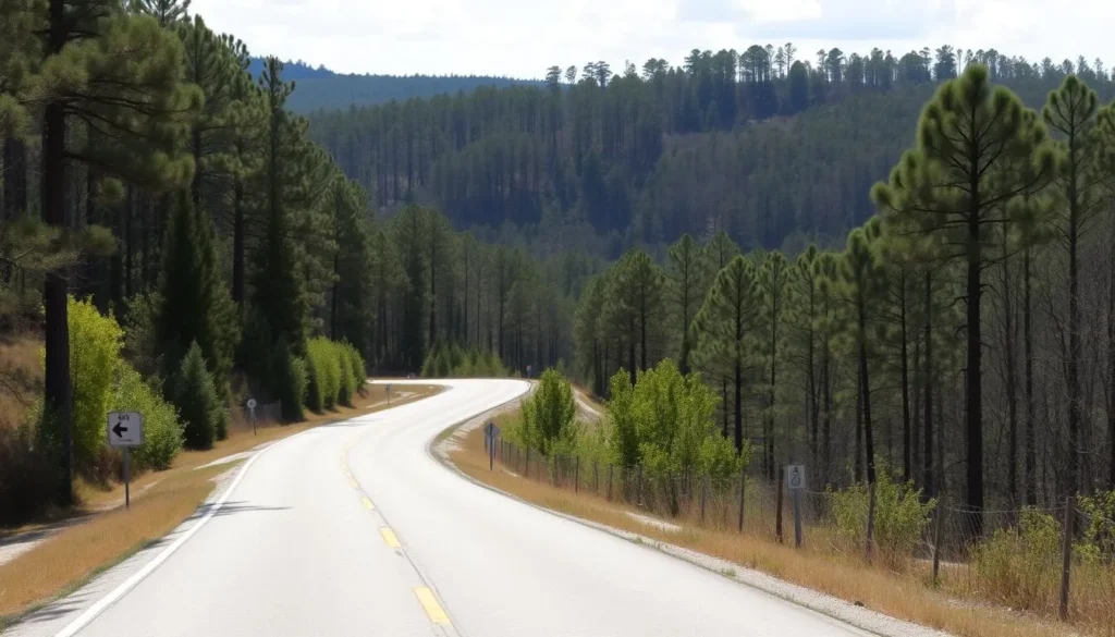 Scenic country road winding through the forested hills of Sabine Uplift, Louisiana