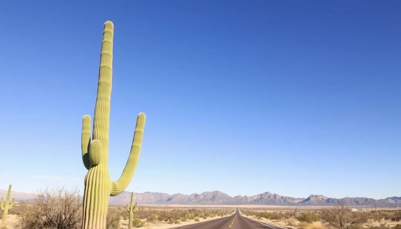 Scenic-desert-landscape-approaching-Tombstone-with-mountains-in-the-background-and-typical Scenic desert landscape approaching Tombstone with mountains in the background and typical Arizona vegetation