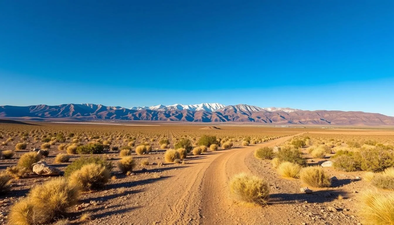 Scenic desert landscape leading to Fish Lake Valley Hot Springs Nevada with mountains in the background
