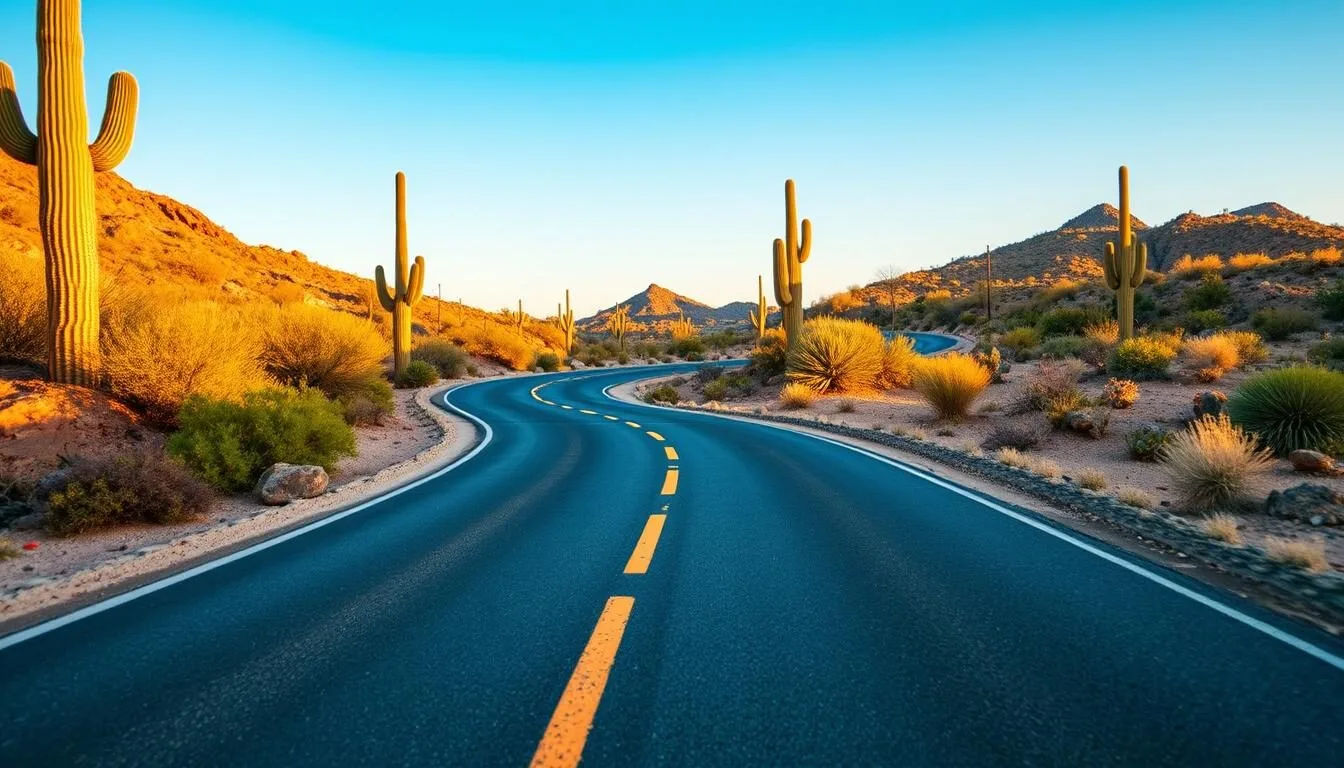 Scenic desert road leading to Saguaro Lake Recreation Areas Arizona with saguaro cacti lining the route