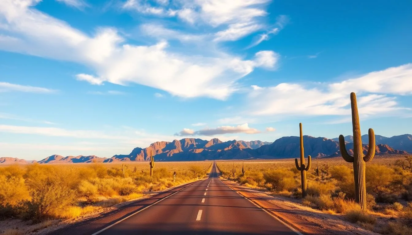 Scenic desert road leading to Sonoran Desert National Monument with mountains in background