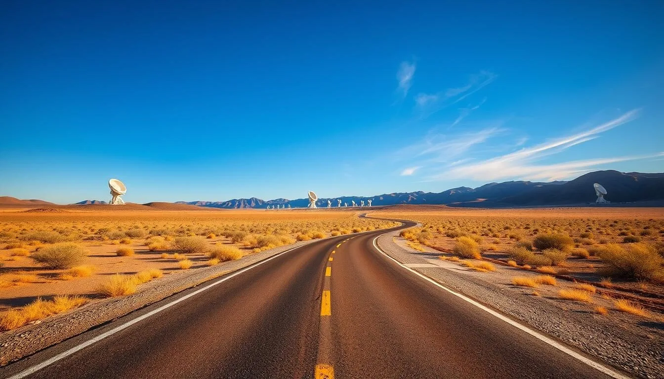 Scenic desert road leading to the Very Large Array with radio telescopes visible in the distance