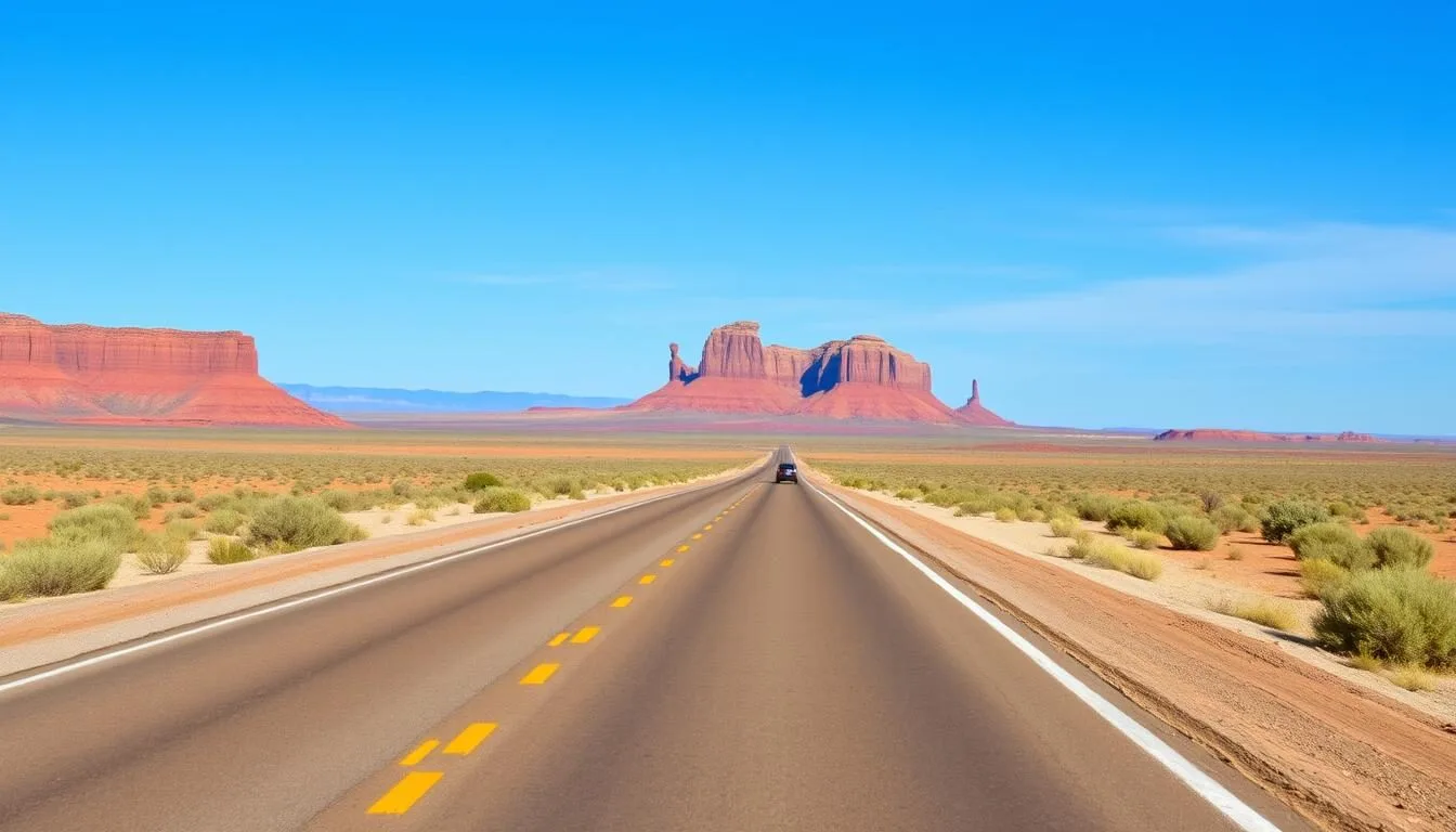 Scenic-desert-road-leading-toward-the-distant-Shiprock-formation-in-New-Mexico-with-red-rock Scenic desert road leading toward the distant Shiprock formation in New Mexico with red rock formations and desert landscape