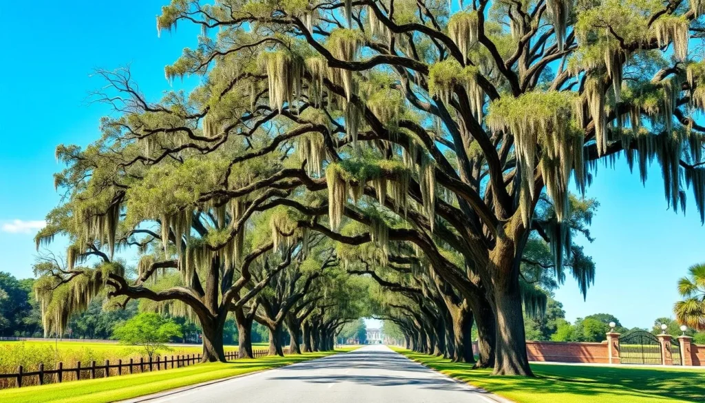 Scenic drive along Highland Road with oak trees and plantation entrances Scenic drive along Highland Road with oak trees and plantation entrances