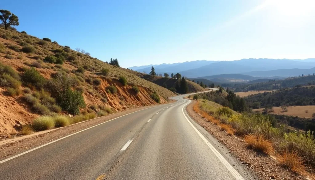 Scenic drive approaching Woodson Bridge State Recreation Area with mountains in the background