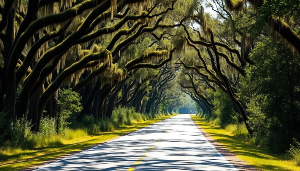 Scenic entrance road to Lake Fausse Pointe State Park with moss-draped cypress trees lining both sides