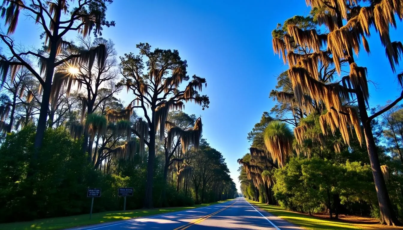Scenic-entrance-road-to-Pearl-River-Wildlife-Management-Area-with-cypress-trees-lining-the-path Scenic entrance road to Pearl River Wildlife Management Area with cypress trees lining the path