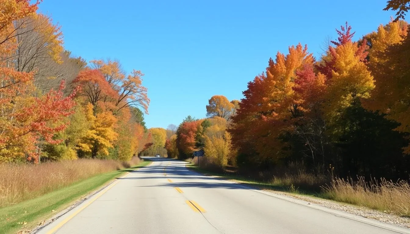 Scenic-entrance-road-to-Weldon-Springs-State-Park-in-Illinois-with-fall-foliage Scenic entrance road to Weldon Springs State Park in Illinois with fall foliage