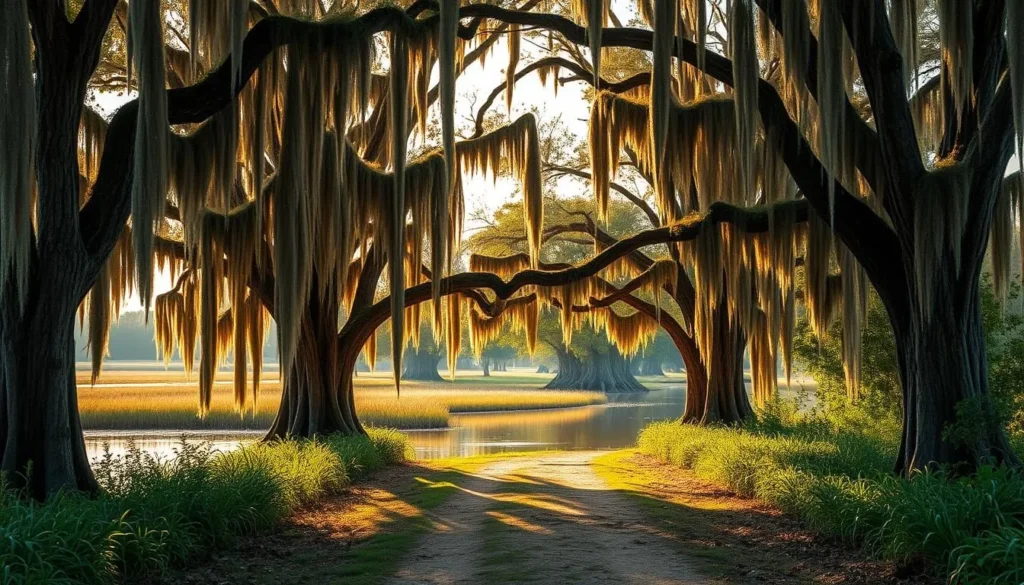 Scenic entrance to Vermilion Bay Wetlands Louisiana with Spanish moss-draped cypress trees lining a waterway