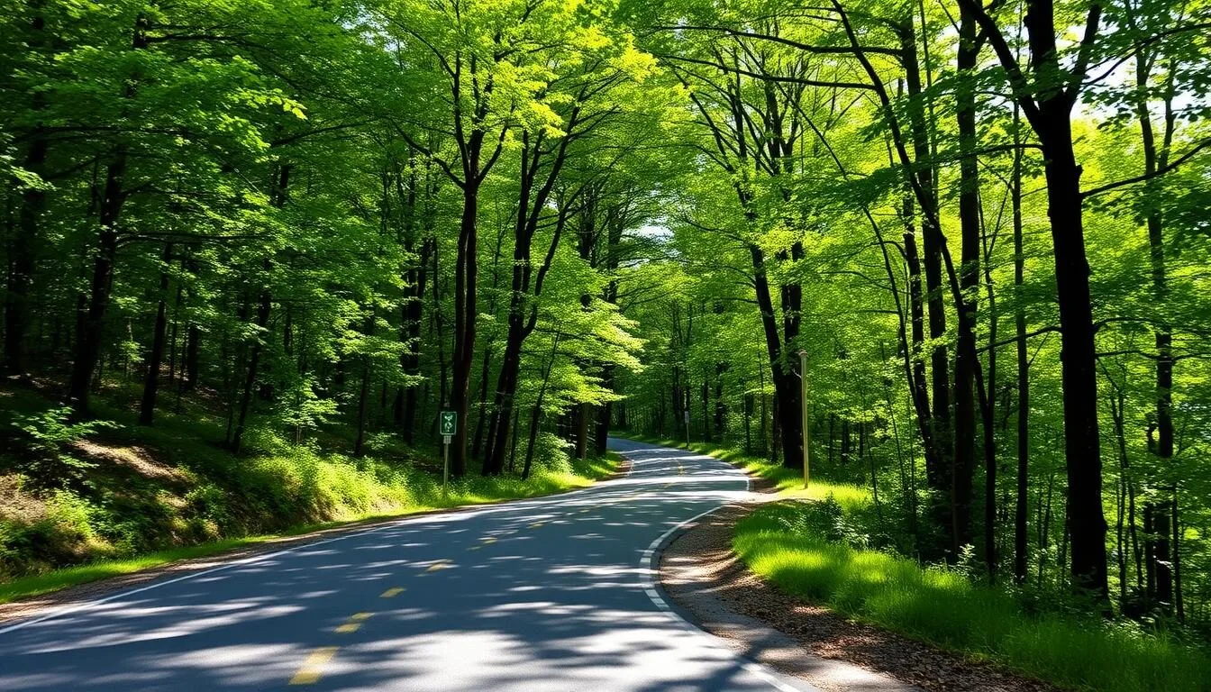 Scenic forest road leading to Whipple Dam State Park in Pennsylvania during summer