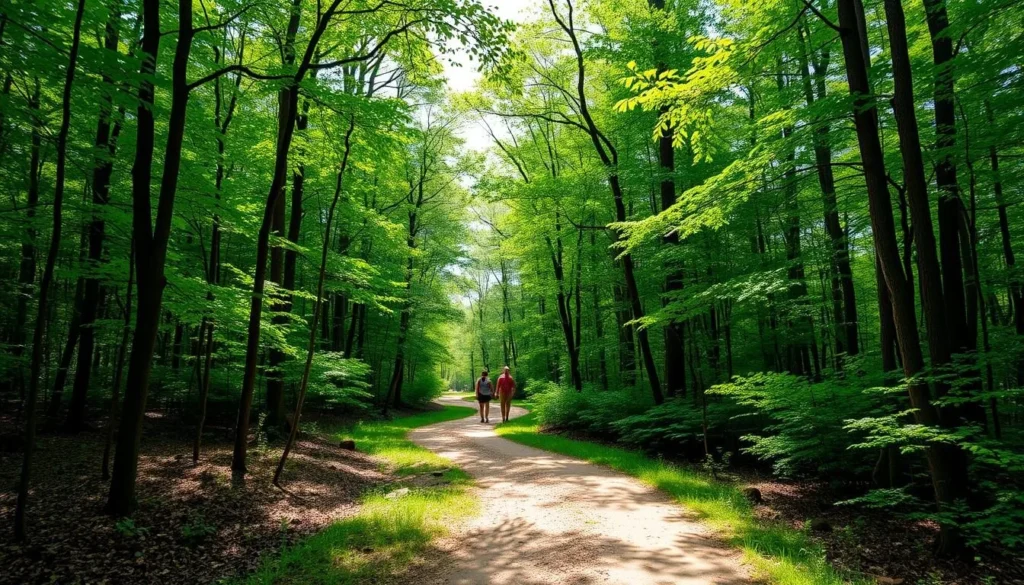 Scenic forest trail at Rock Cut Nature Preserve Illinois with hikers enjoying the path Scenic forest trail at Rock Cut Nature Preserve Illinois with hikers enjoying the path