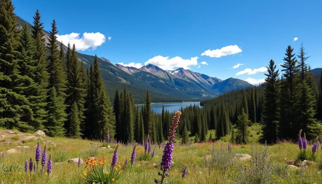 Scenic forest view in White River National Forest with mountains and alpine lake Scenic forest view in White River National Forest with mountains and alpine lake