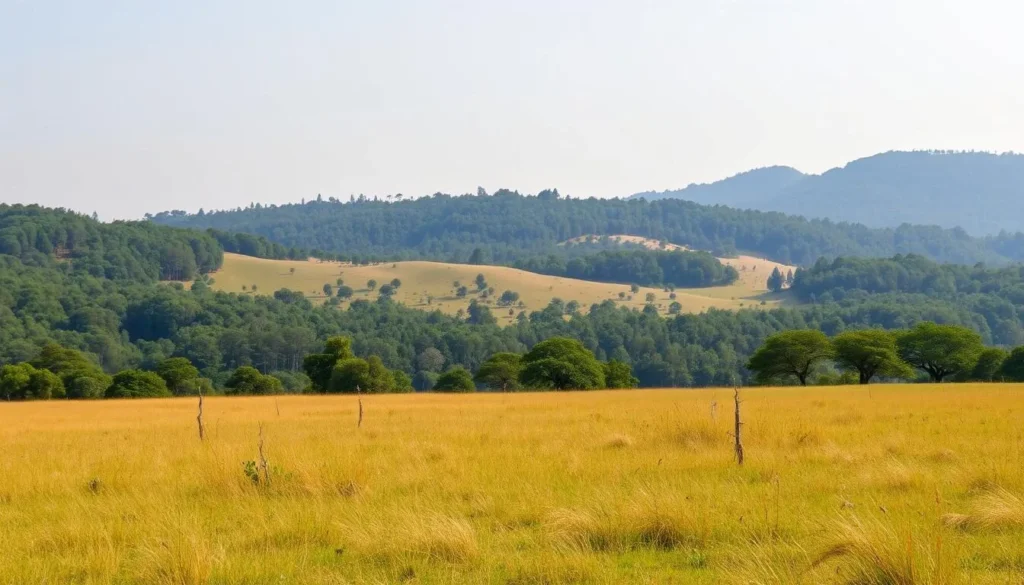 Scenic landscape of Kanha National Park showing meadows and forest