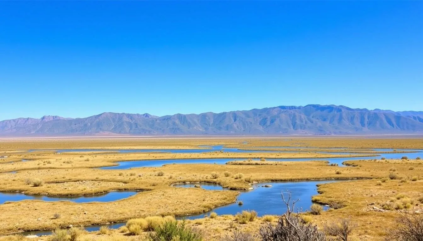 Scenic-landscape-view-of-Carson-Lake-and-Pasture-Wildlife-Management-Area-with-mountains-in-the Scenic landscape view of Carson Lake and Pasture Wildlife Management Area with mountains in the background