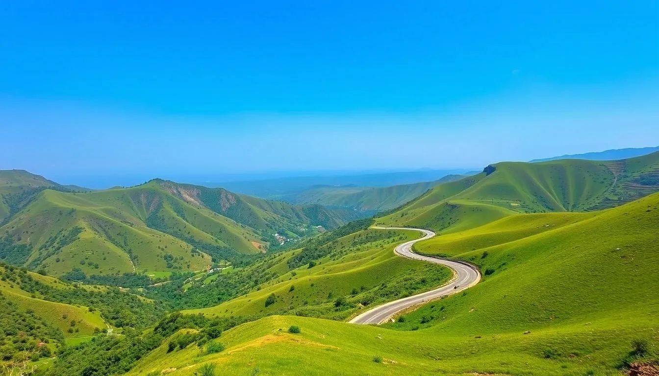 Scenic landscape view of Jharkhand's lush green hills and valleys with a winding road