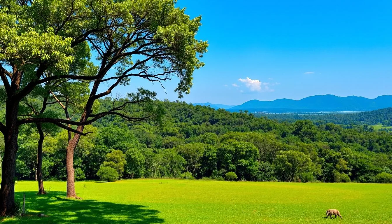 Scenic landscape view of Kanha National Park showing lush green forests and meadows