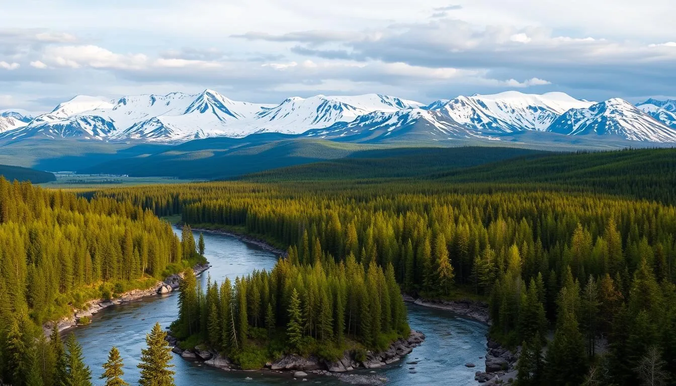 Scenic-landscape-view-of-Krasnoyarsk-Krai-with-mountains-and-forests Scenic landscape view of Krasnoyarsk Krai with mountains and forests