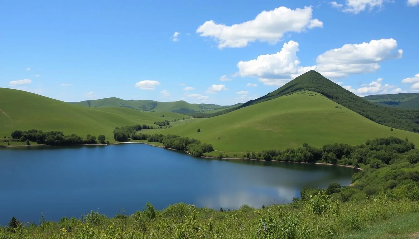 Scenic-landscape-view-of-Pyramid-State-Park-showing-rolling-hills-and-a-lake Scenic landscape view of Pyramid State Park showing rolling hills and a lake