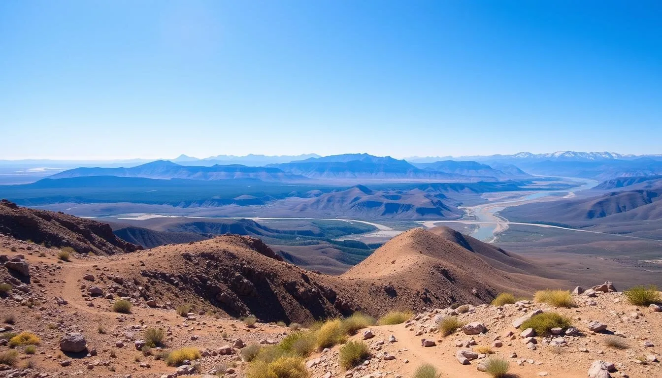 Scenic landscape view of Rio Grande del Norte National Monument with mountains in the background