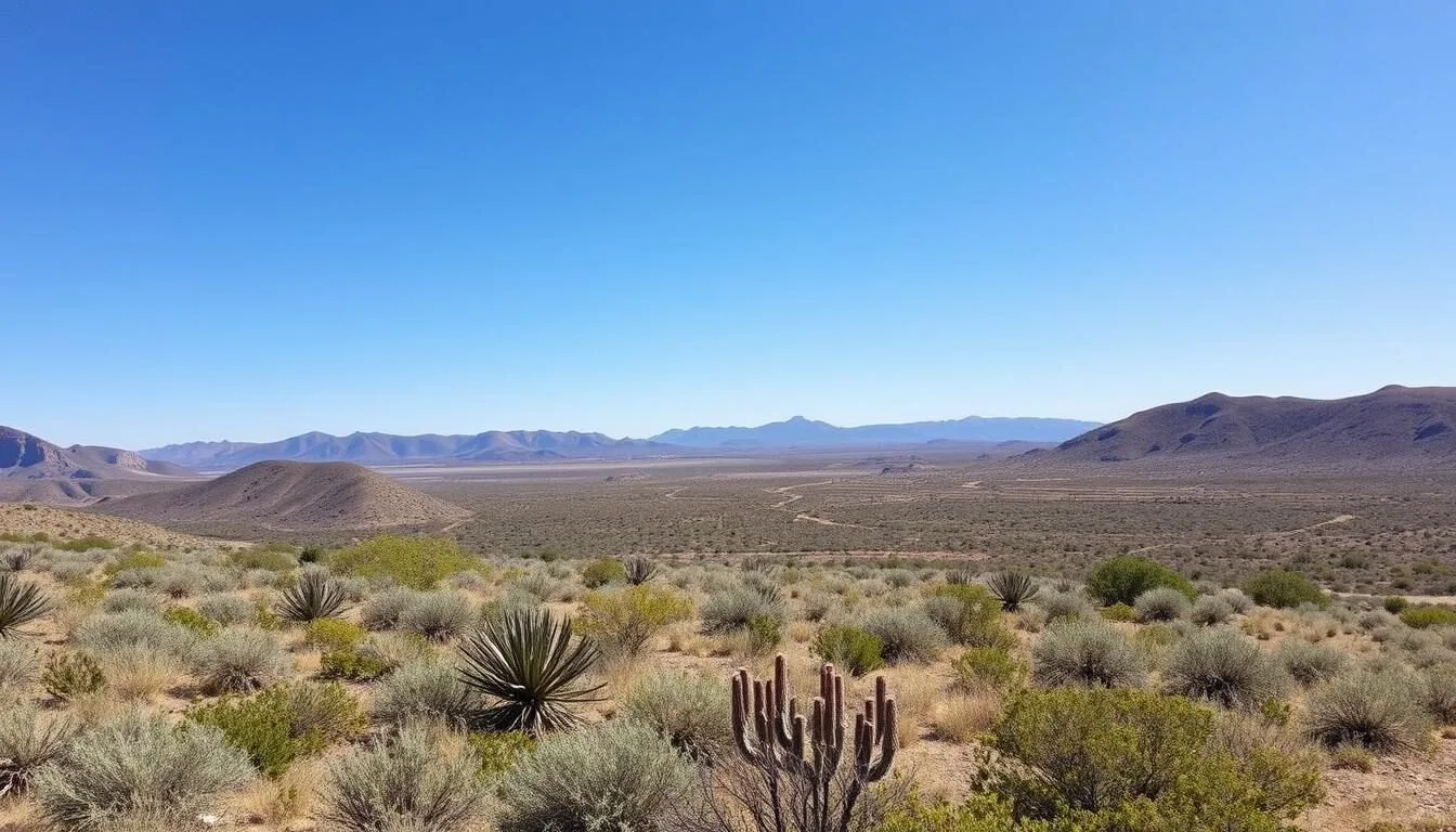 Scenic-landscape-view-of-the-Fort-Stanton-Snowy-River-Cave-Area-with-mountains-in-the Scenic landscape view of the Fort Stanton Snowy River Cave Area with mountains in the background