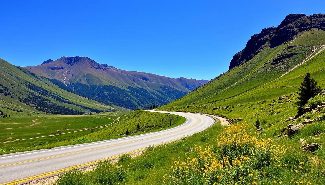 Scenic-mountain-road-leading-to-Arapaho-National-Wildlife-Refuge-with-snow-capped-peaks-in-the- Scenic mountain road leading to Arapaho National Wildlife Refuge with snow-capped peaks in the background