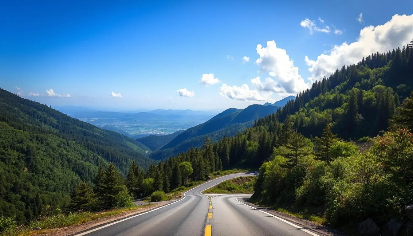 Scenic mountain road leading to Constanza with lush green valleys and pine forests