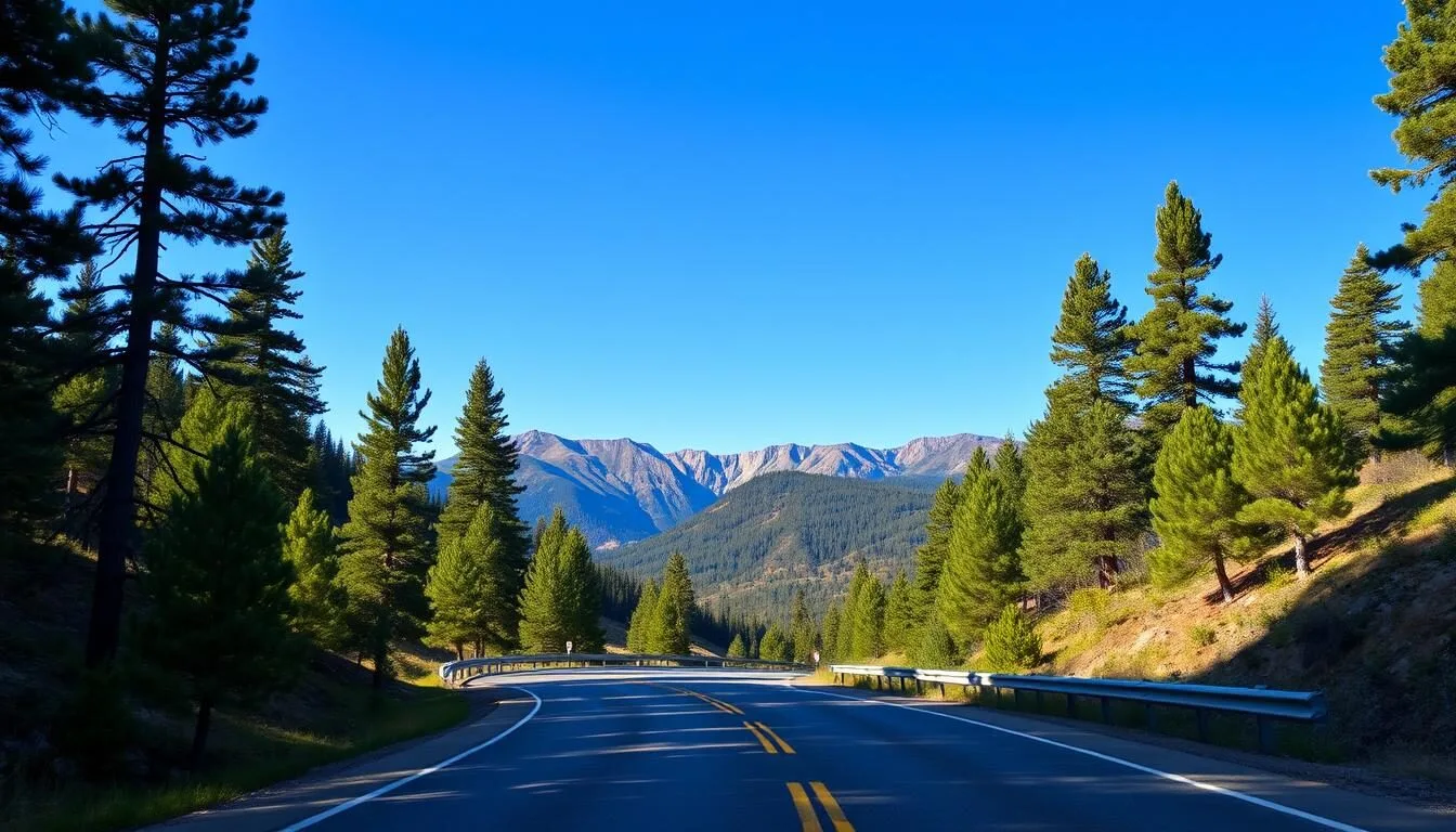 Scenic-mountain-road-leading-to-Eleven-Mile-State-Park-with-snow-capped-peaks-in-the-background Scenic mountain road leading to Eleven Mile State Park with snow-capped peaks in the background