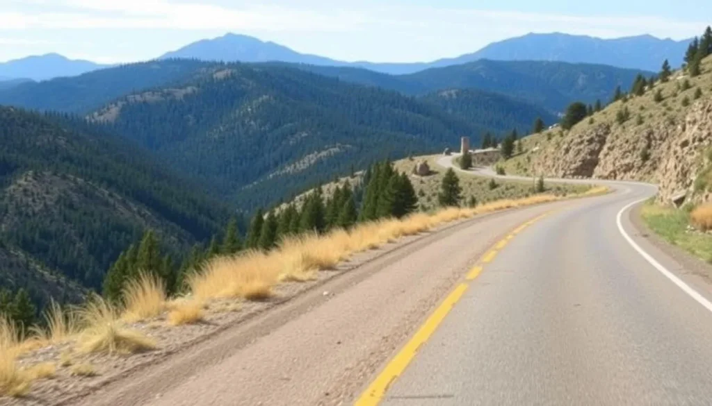 Scenic mountain road leading to Gila National Forest with forested peaks in the background