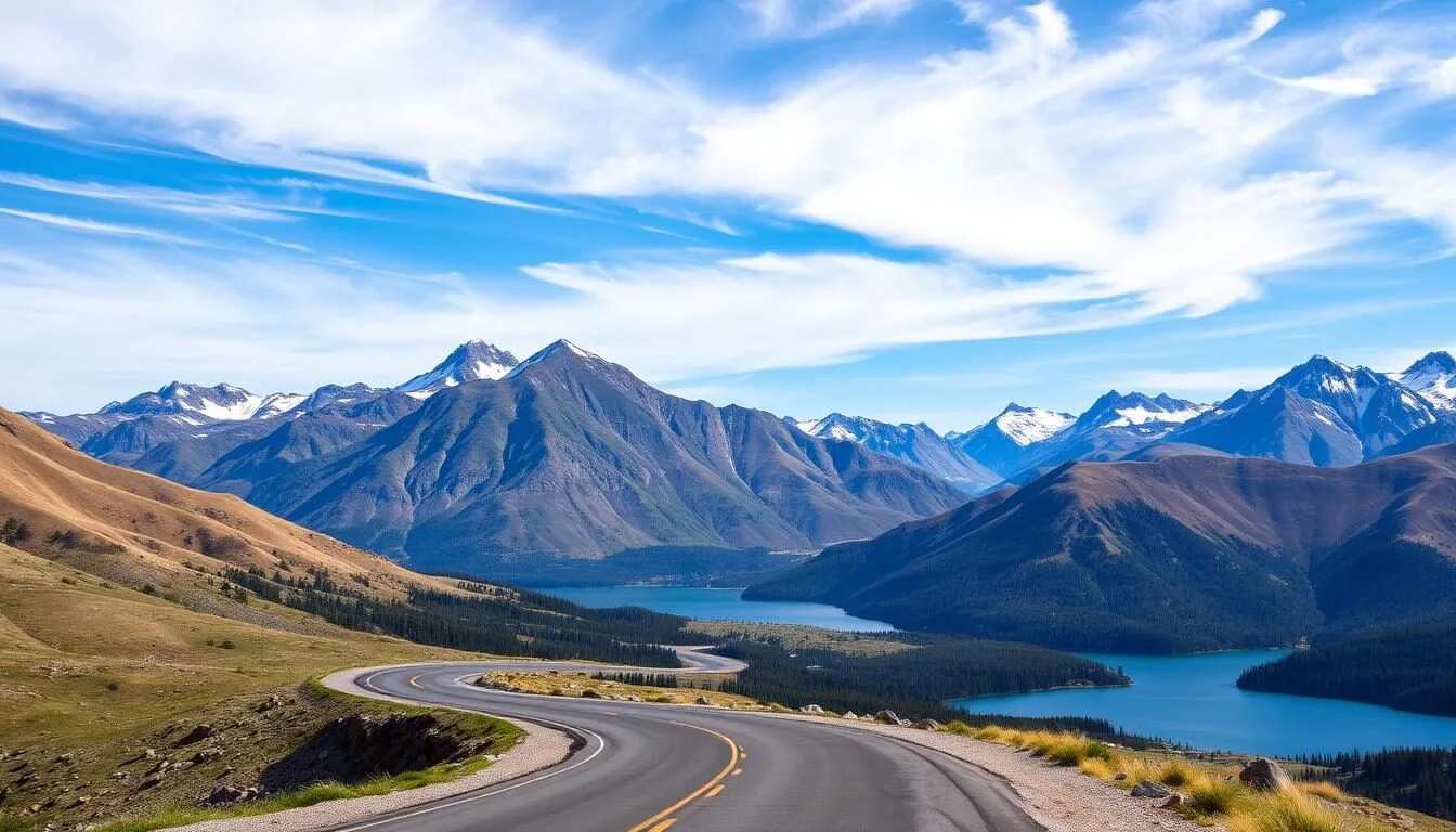 Scenic-mountain-road-leading-to-Green-Mountain-Reservoir-with-snow-capped-peaks-in-the Scenic mountain road leading to Green Mountain Reservoir with snow-capped peaks in the background