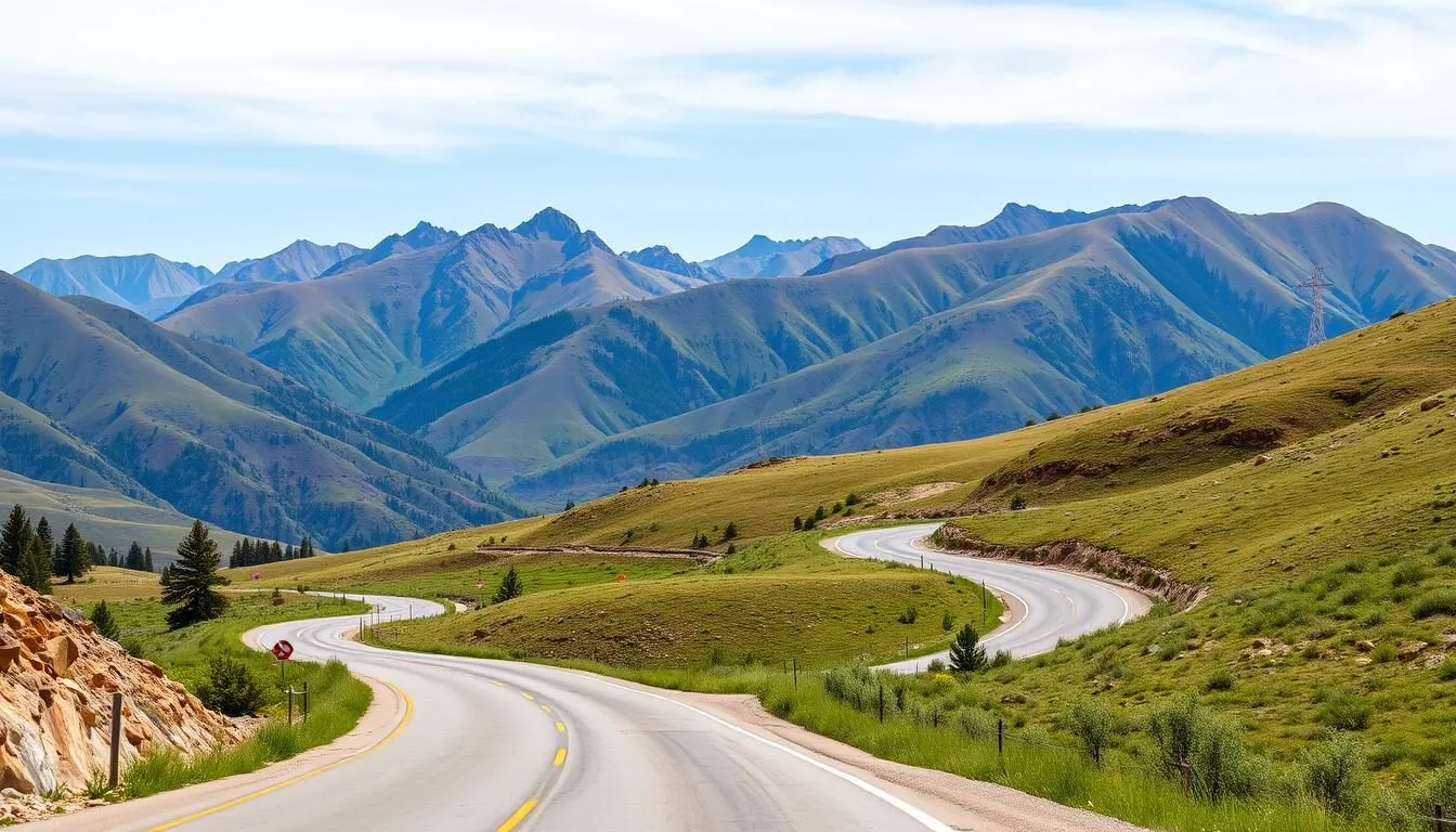 Scenic mountain road leading to Howardsville with snow-capped San Juan Mountains in the background