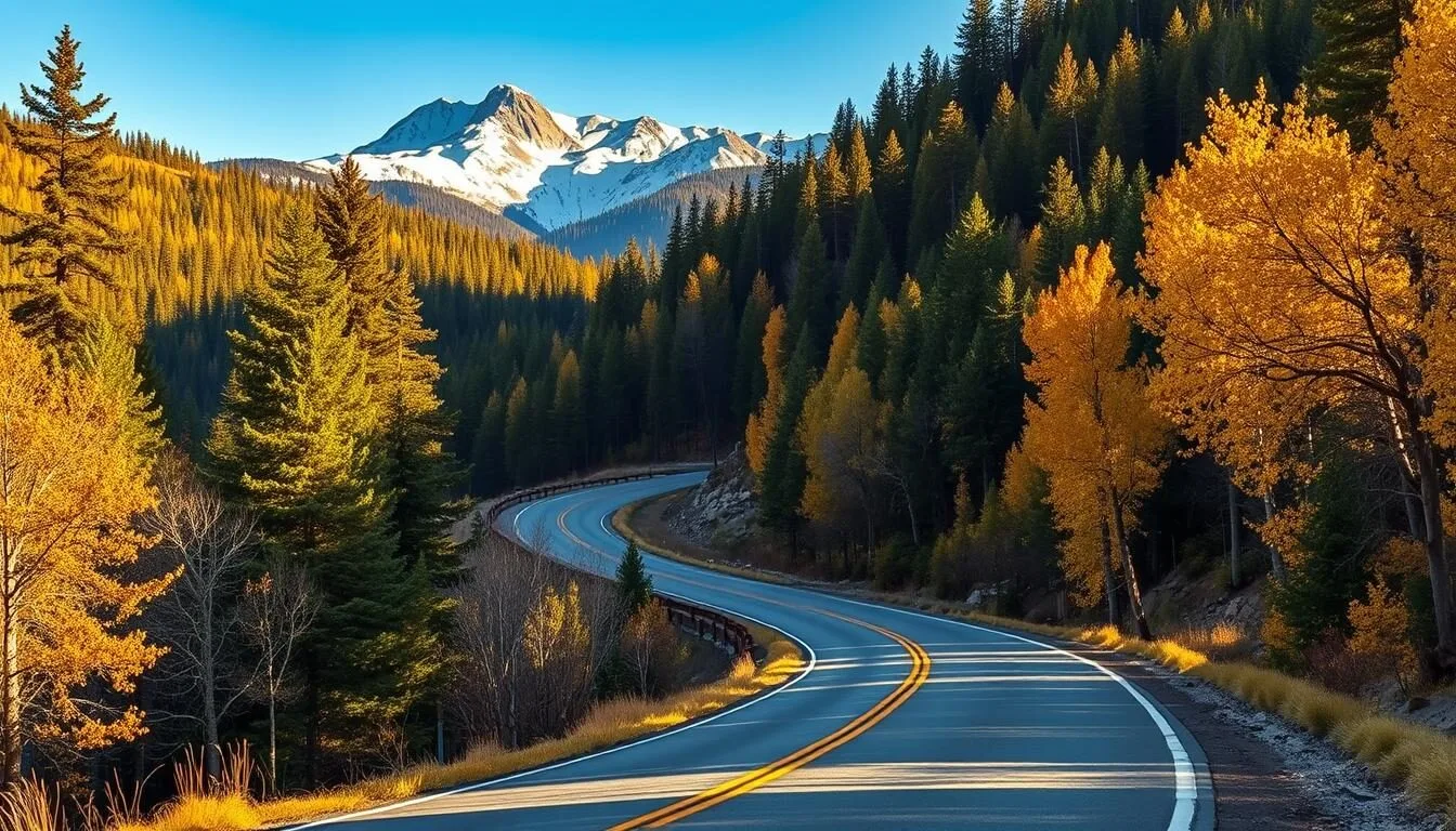 Scenic mountain road leading to Irwin, Colorado with snow-capped peaks in the background