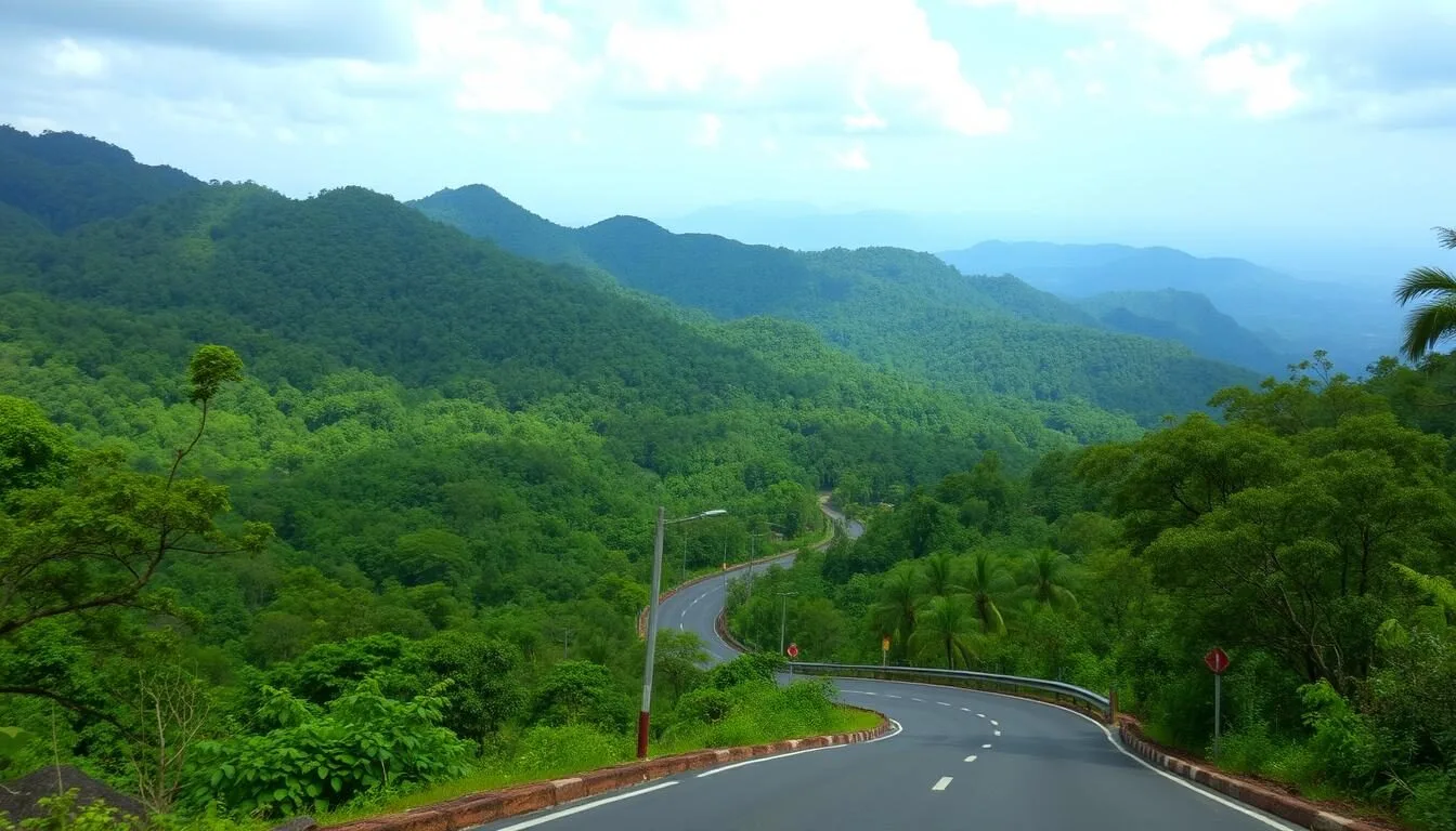 Scenic mountain road leading to Madikeri with lush green forests on both sides
