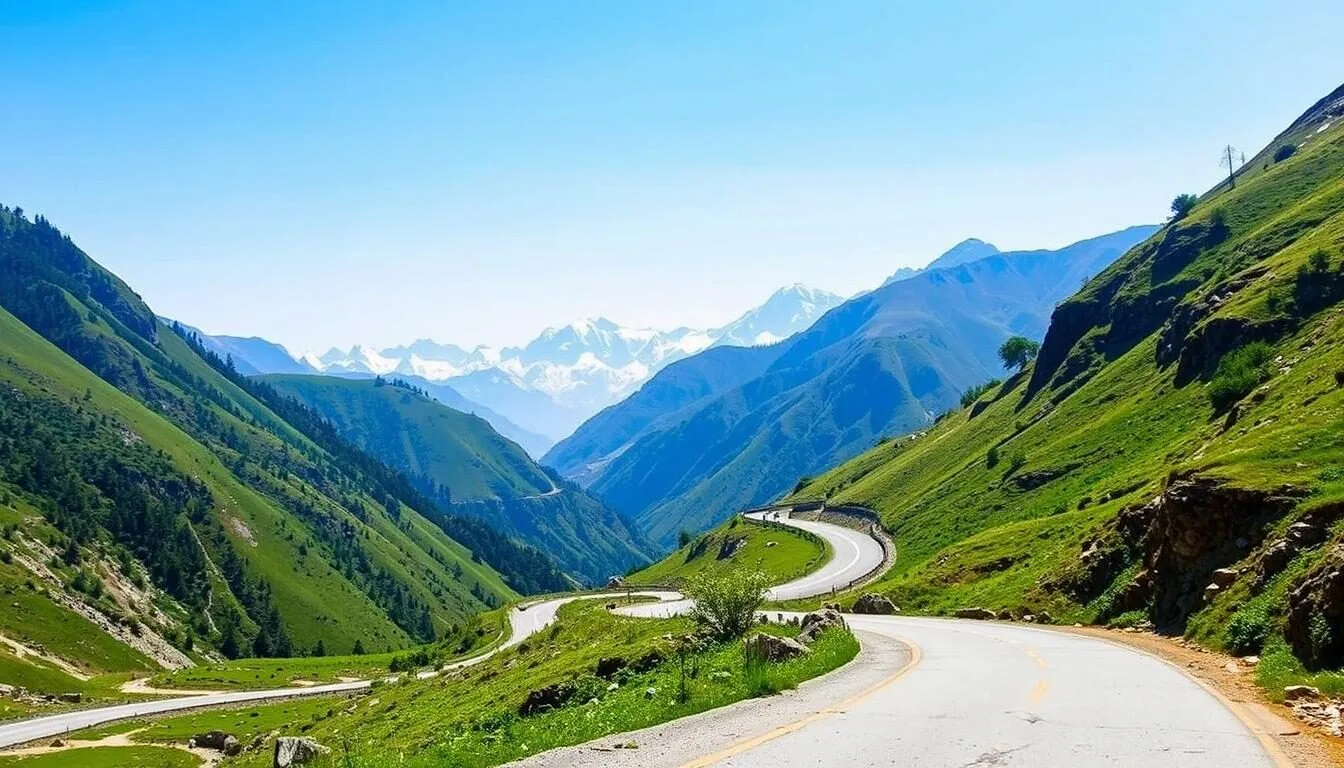 Scenic mountain road leading to Manali with snow-capped peaks in the background
