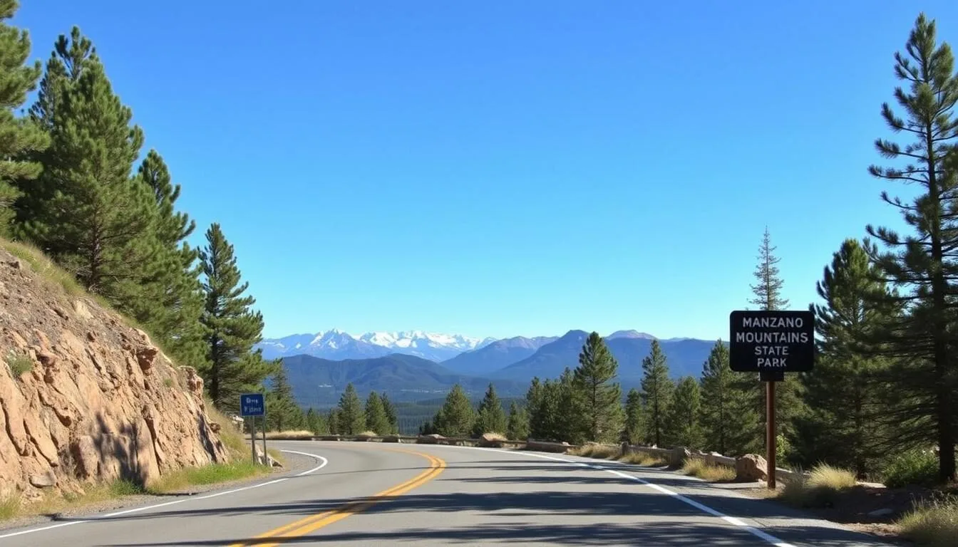 Scenic-mountain-road-leading-to-Manzano-Mountains-State-Park-with-pine-trees-and-mountain-views Scenic mountain road leading to Manzano Mountains State Park with pine trees and mountain views