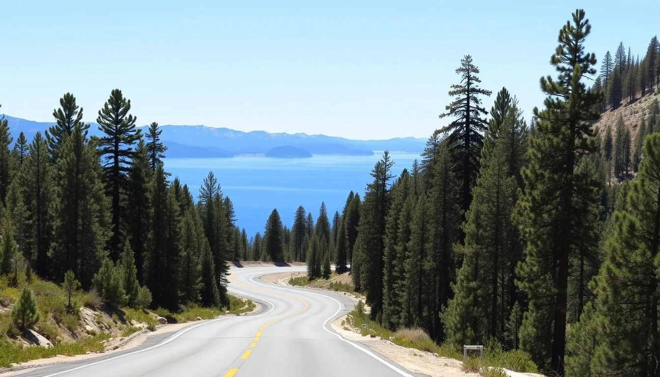 Scenic-mountain-road-leading-to-Tahoe-State-Recreation-Area-with-pine-trees-and-glimpses-of Scenic mountain road leading to Tahoe State Recreation Area with pine trees and glimpses of Lake Tahoe
