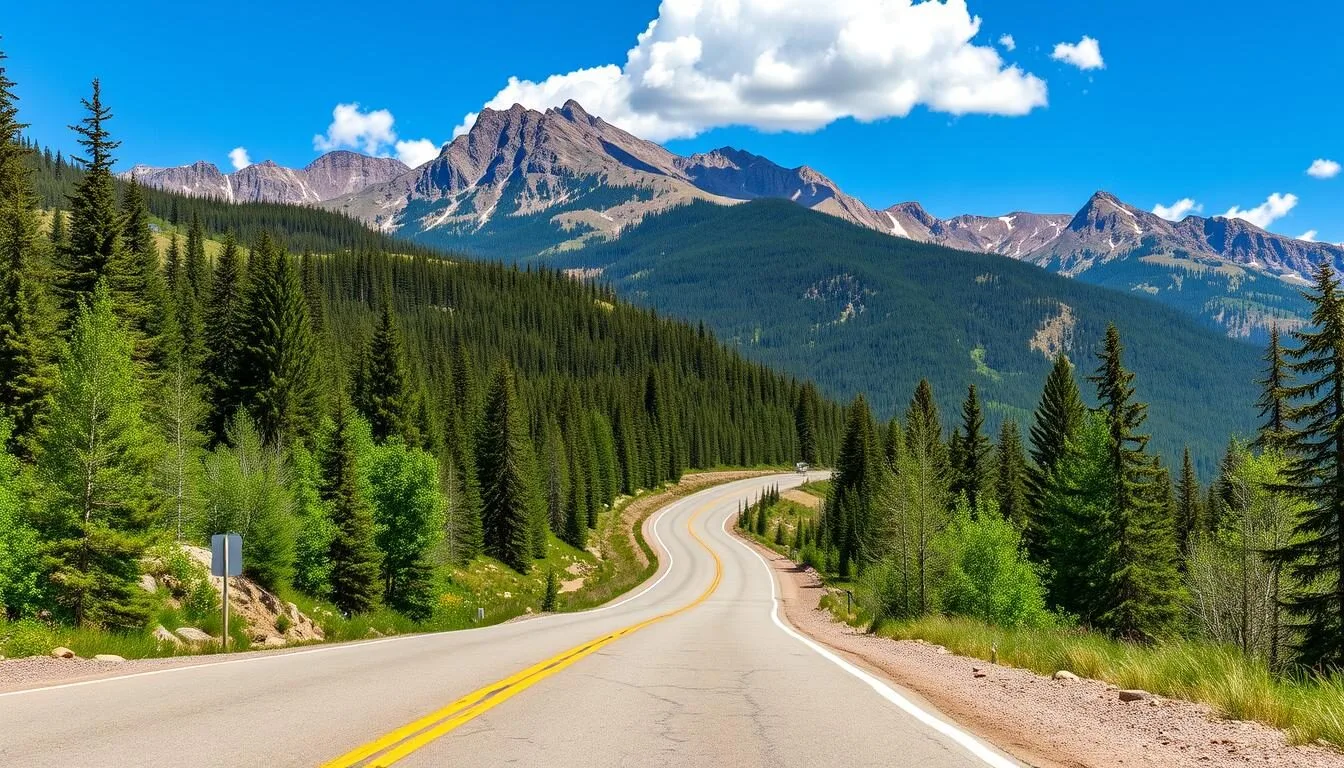 Scenic mountain road leading to Telluride with San Juan Mountains in background