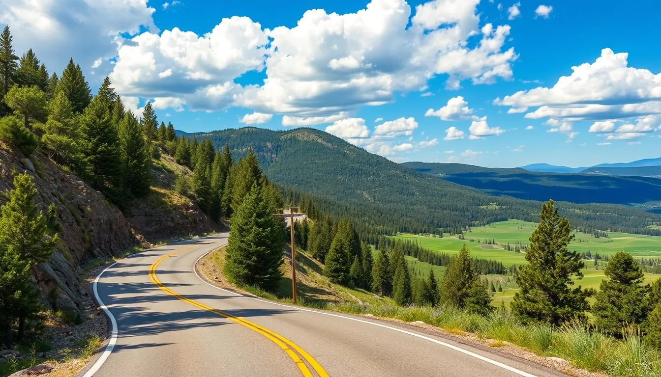Scenic mountain road leading to Valles Caldera National Preserve with green meadows and forests visible in the distance