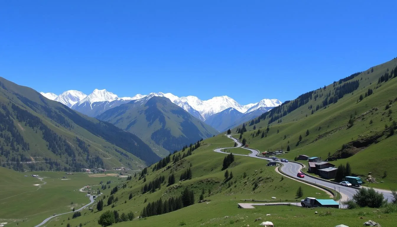Scenic mountain road winding through Himachal Pradesh with snow-capped peaks in the background