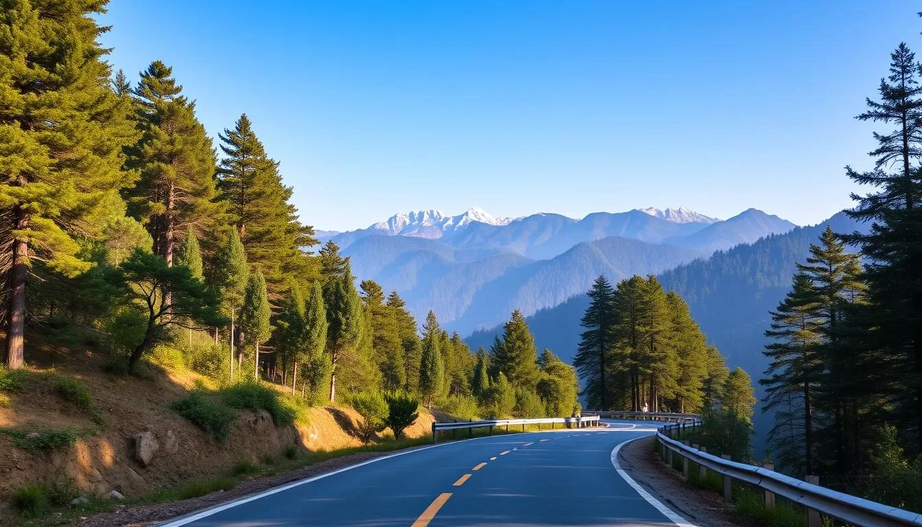 Scenic mountain road winding through deodar forests leading to Khajjiar