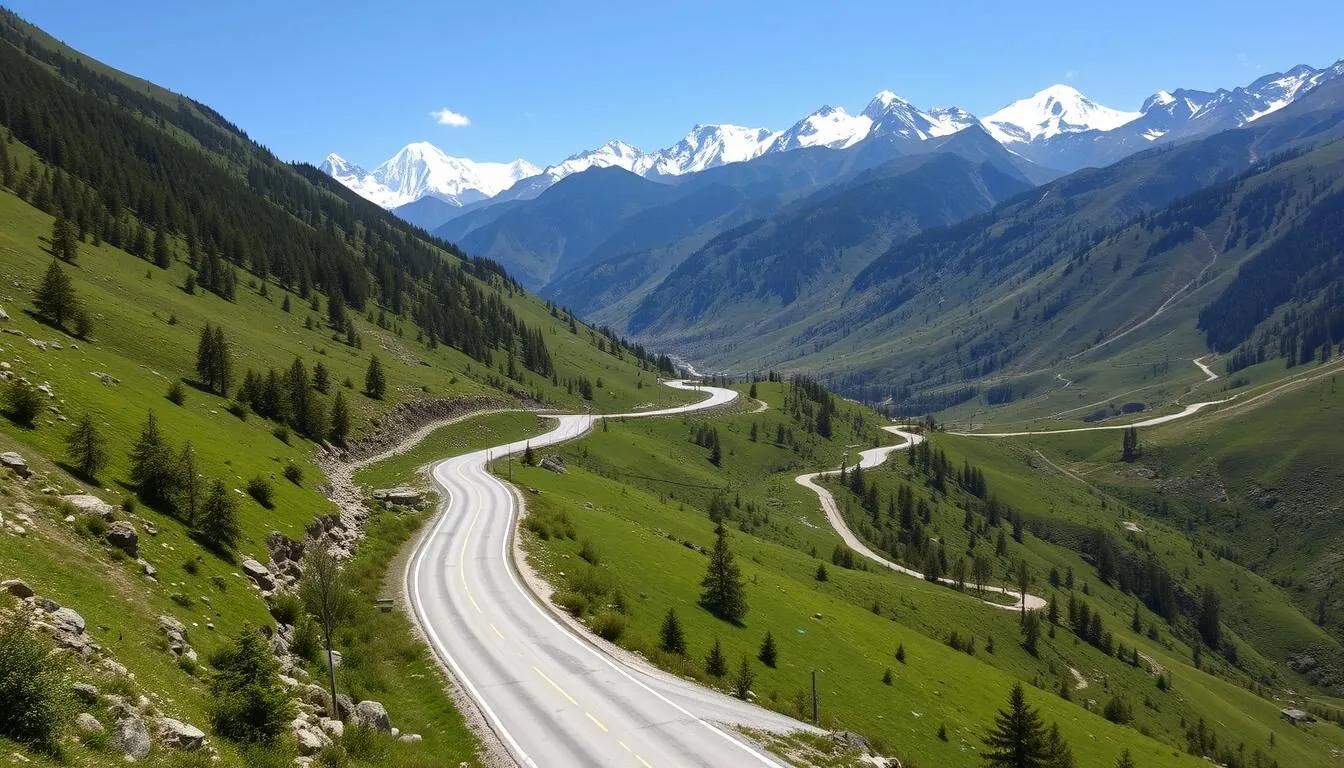 Scenic mountain road winding through the lush green valleys of Arunachal Pradesh with snow-capped peaks in the distance